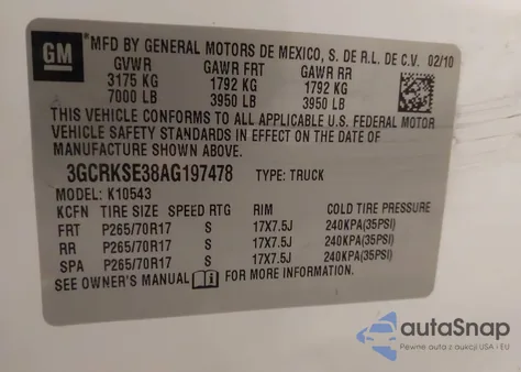 2010 Chevrolet Silverado 1500 Lt z USA, uszkodzony, nr VIN 3GCRKSE38AG197478